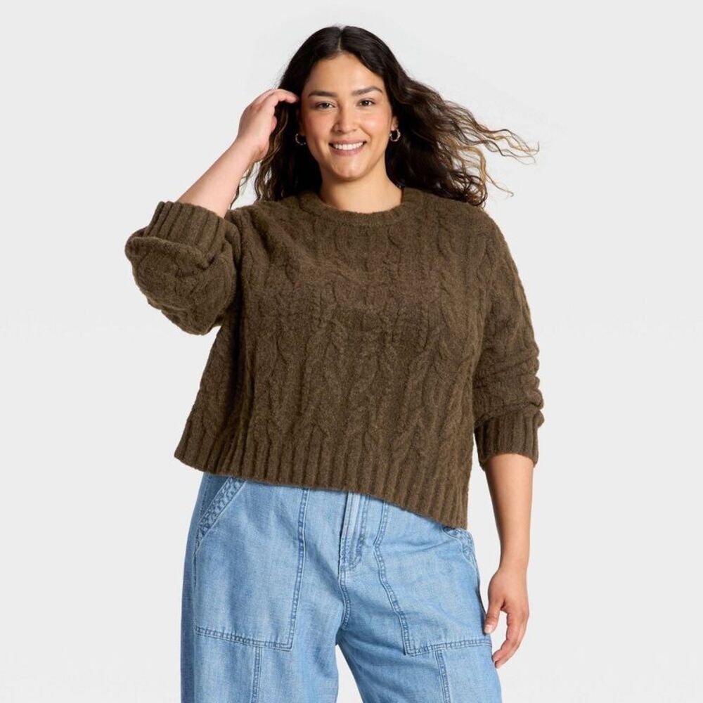 Women's Cozy Cable Crewneck Pullover Sweater - Universal Thread Brown 2X